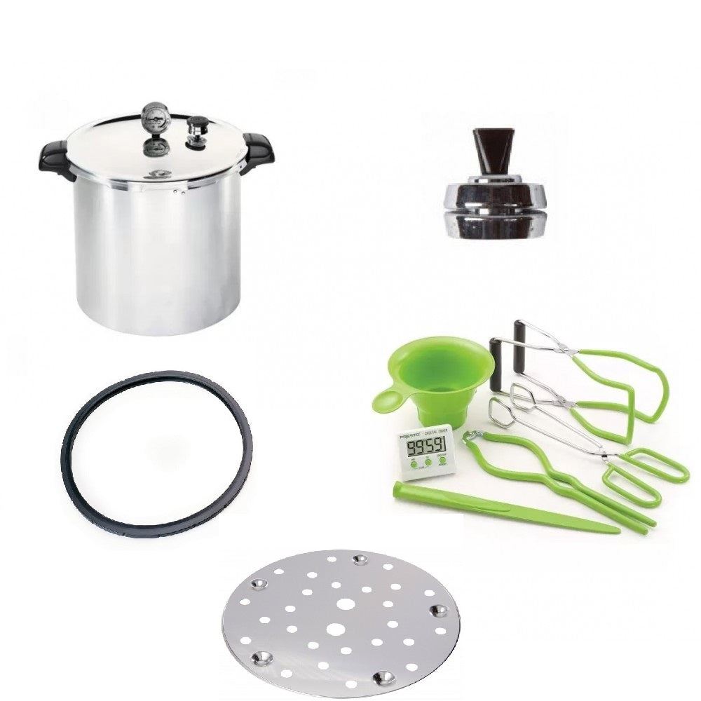 Presto Canner Starter Kit with Presto 23-Quart Induction Stovetop Pressure Canner with Dial Gauge & 3-Piece Regulator — Stainless Steel Base, Canning Accessories Kit, Spare Gasket and Canning Rack