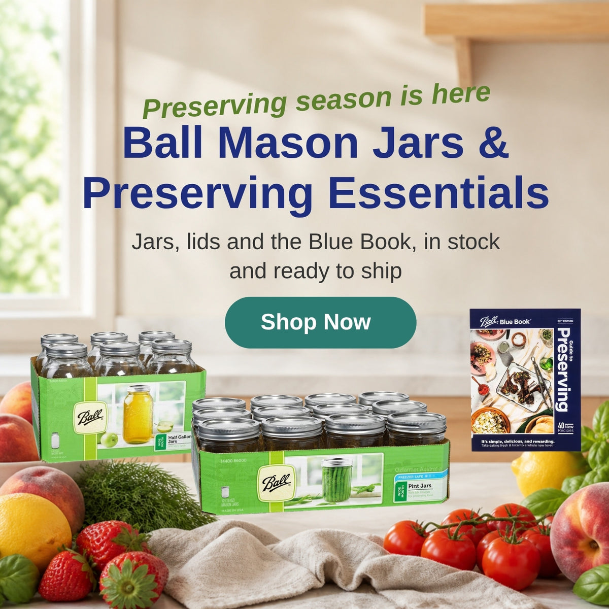 Ball Mason jars and preserving essentials: half gallon jars, pint jars and the Ball Blue Book on a kitchen bench