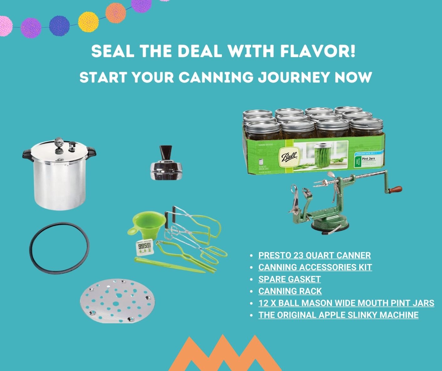 Presto pressure canner starter bundle with an apple slinky machine and a case of Ball Mason jar