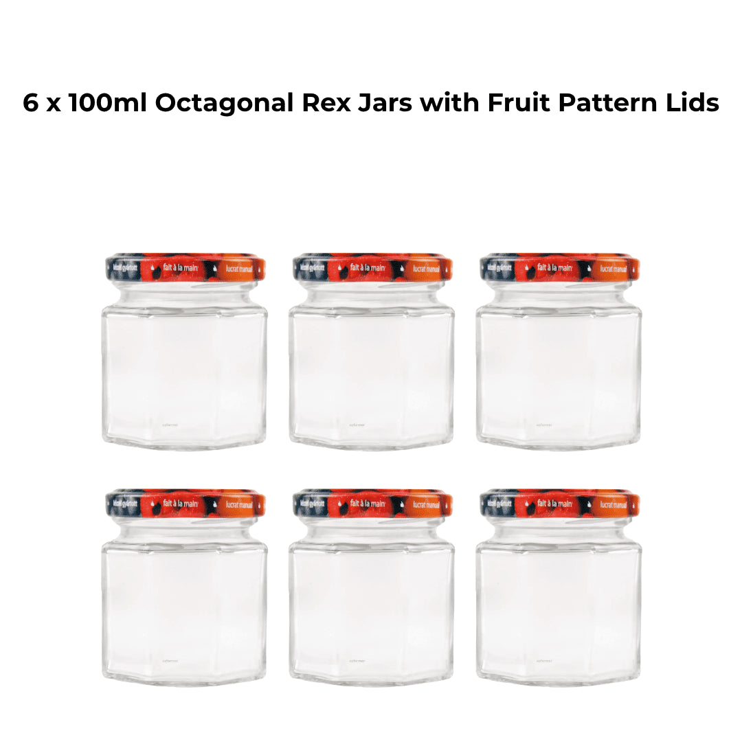 100ml Octagonal Rex Jars with Fruit Pattern Lids - Pack of 6 - Ball Mason Australia