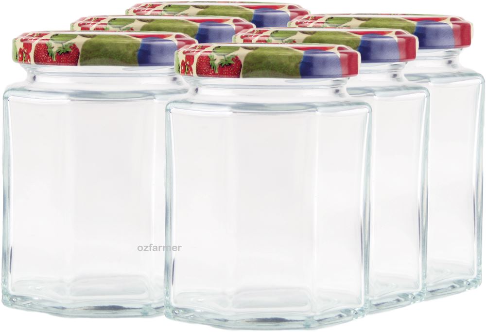 190ml Octagonal Rex Jars with Fruit Pattern Lids - Pack of 6 - Ball Mason Australia