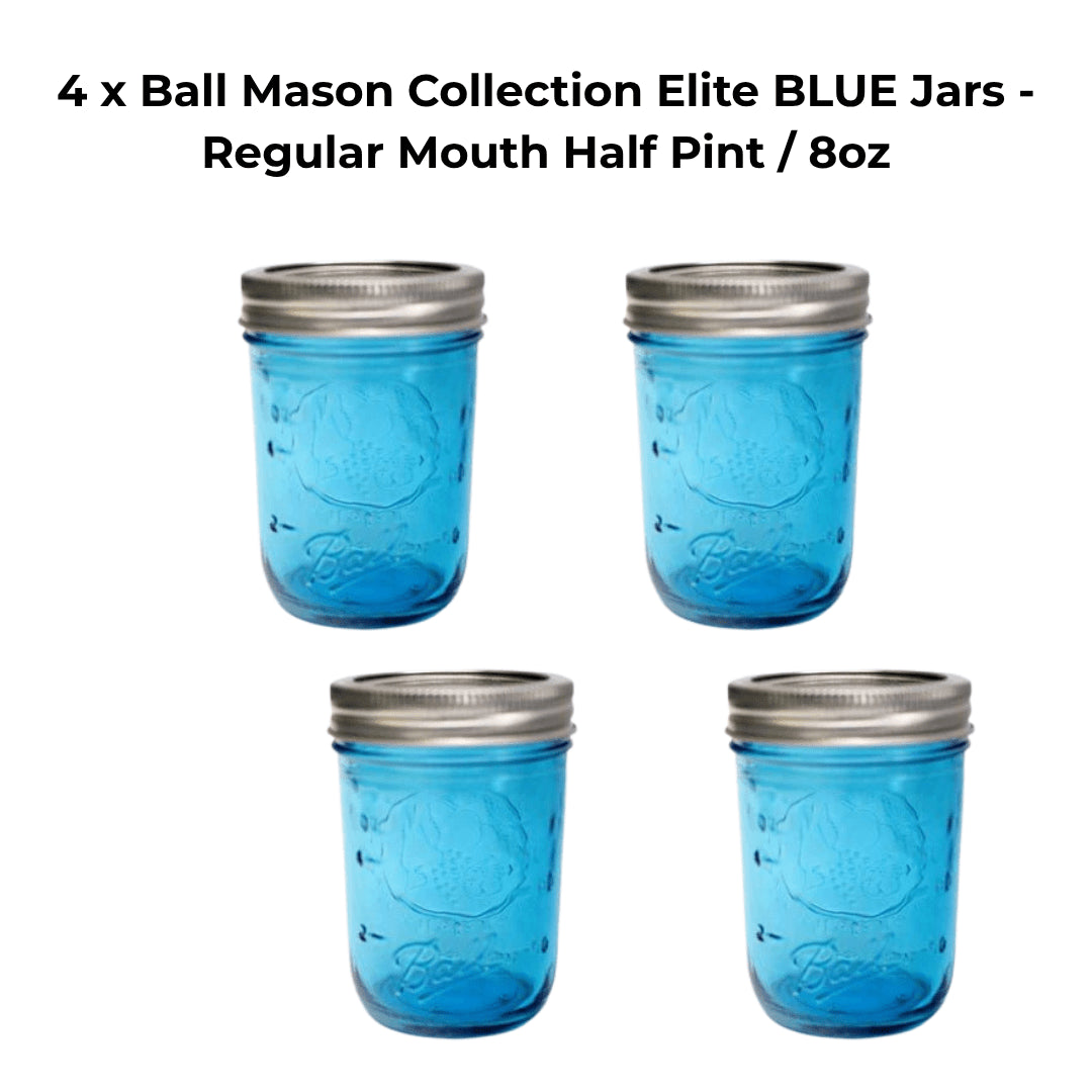 4 x Ball Mason Collection Elite BLUE Jars - Regular Mouth Half Pint / 8oz - Ball Mason Australia