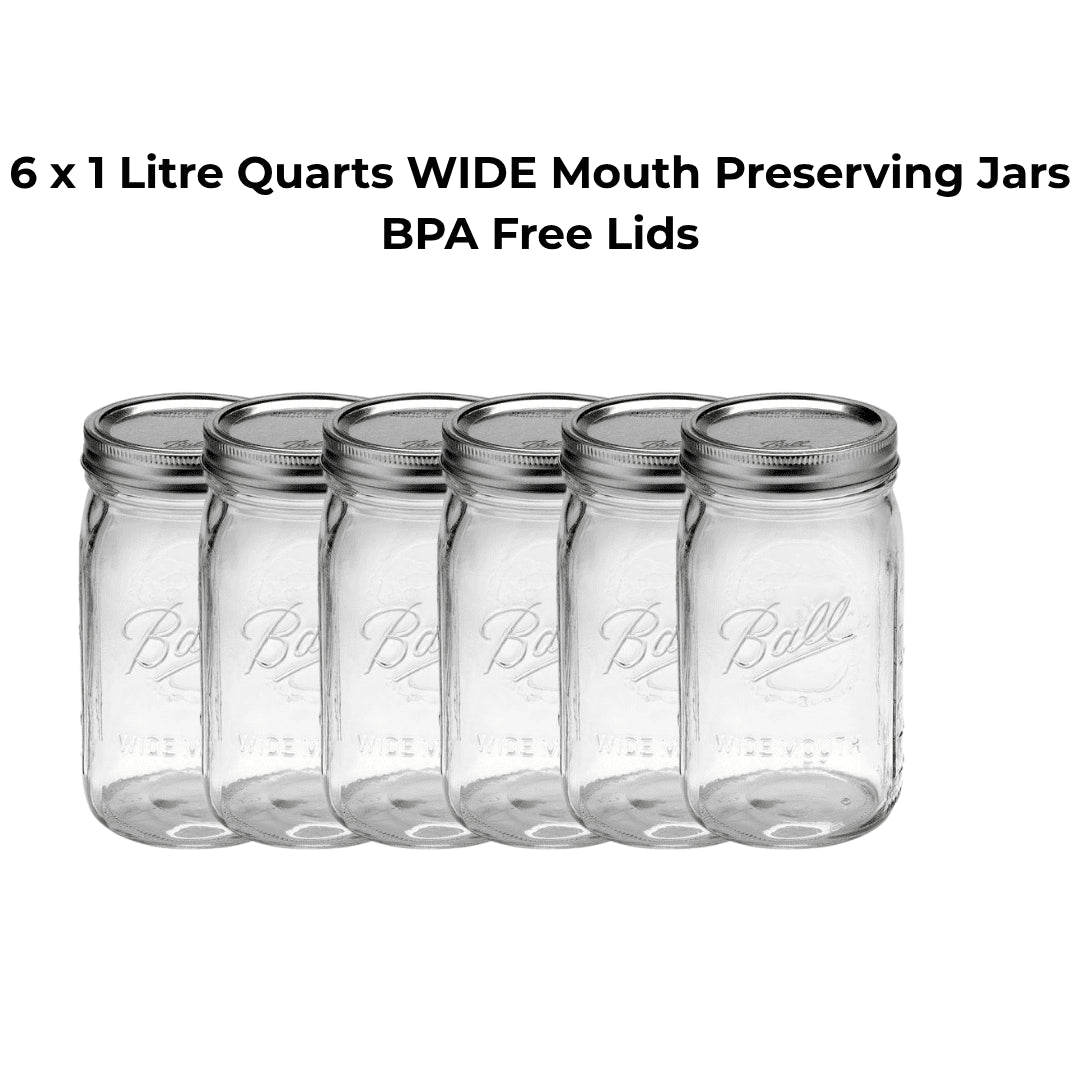6 x 1 Litre Quarts WIDE Mouth Preserving Jars BPA Free Lids - Ball Mason Australia