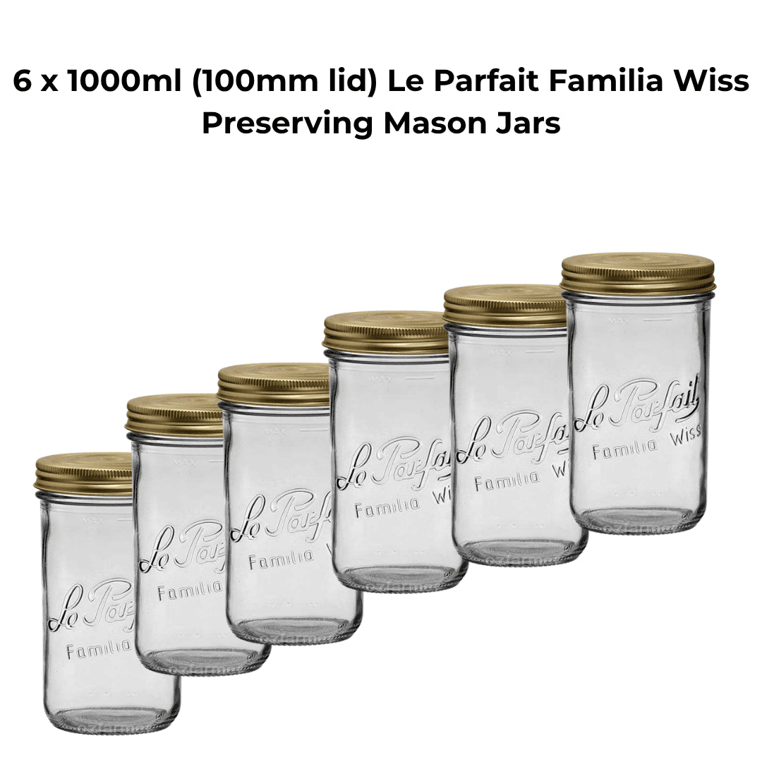 6 x 1000ml (100mm lid) Le Parfait Familia Wiss Preserving Mason Jars - Ball Mason Australia