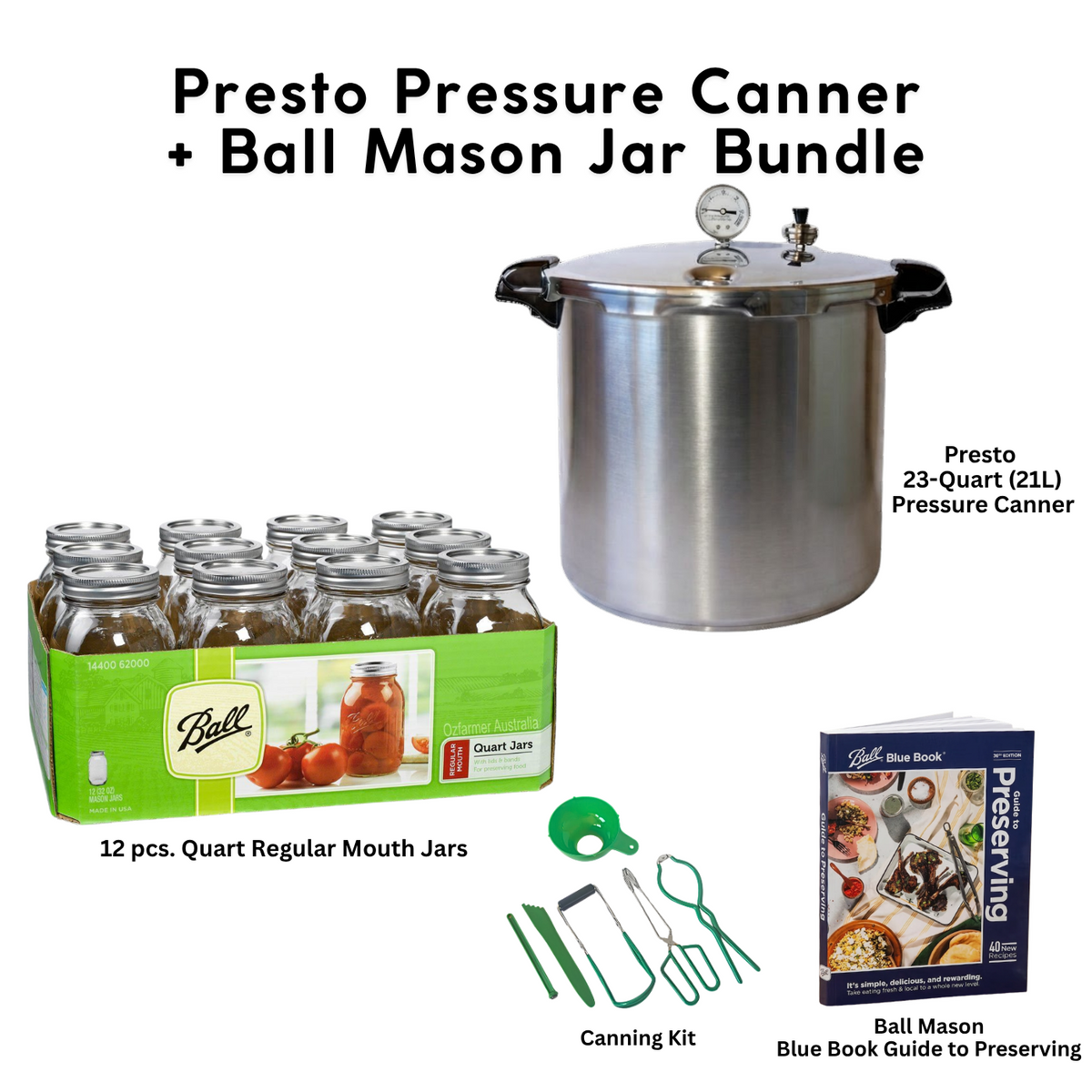 Presto 23-Quart Induction Stovetop Pressure Canner with Dial Gauge & 3-Piece Regulator — Stainless Steel Base bundle with Ball Mason Jars - Ball Mason Australia