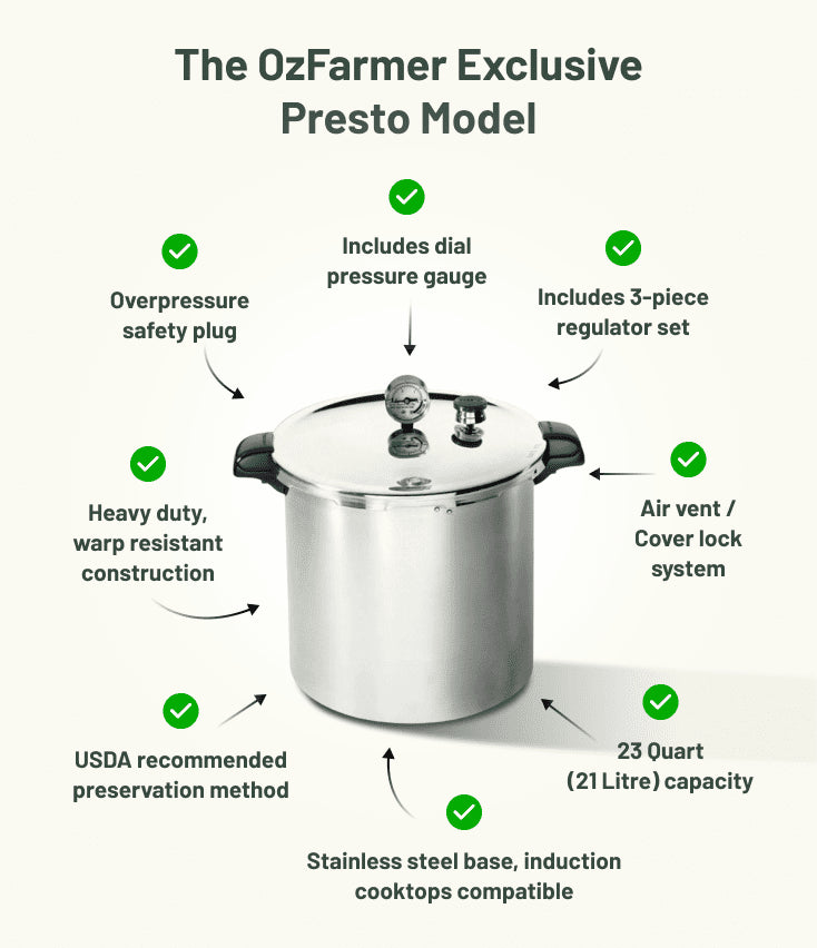 Presto Canner Starter Kit with Presto 23-Quart Induction Stovetop Pressure Canner with Dial Gauge & 3-Piece Regulator — Stainless Steel Base, Canning Accessories Kit, Spare Gasket and Canning Rack - Ball Mason Australia